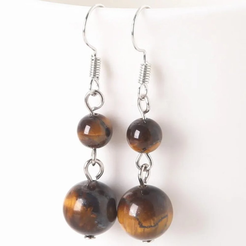 Tiger Eye Natural Stone Gemstone Round Beaded Healing Dangle Earrings - Picture 2 of 2